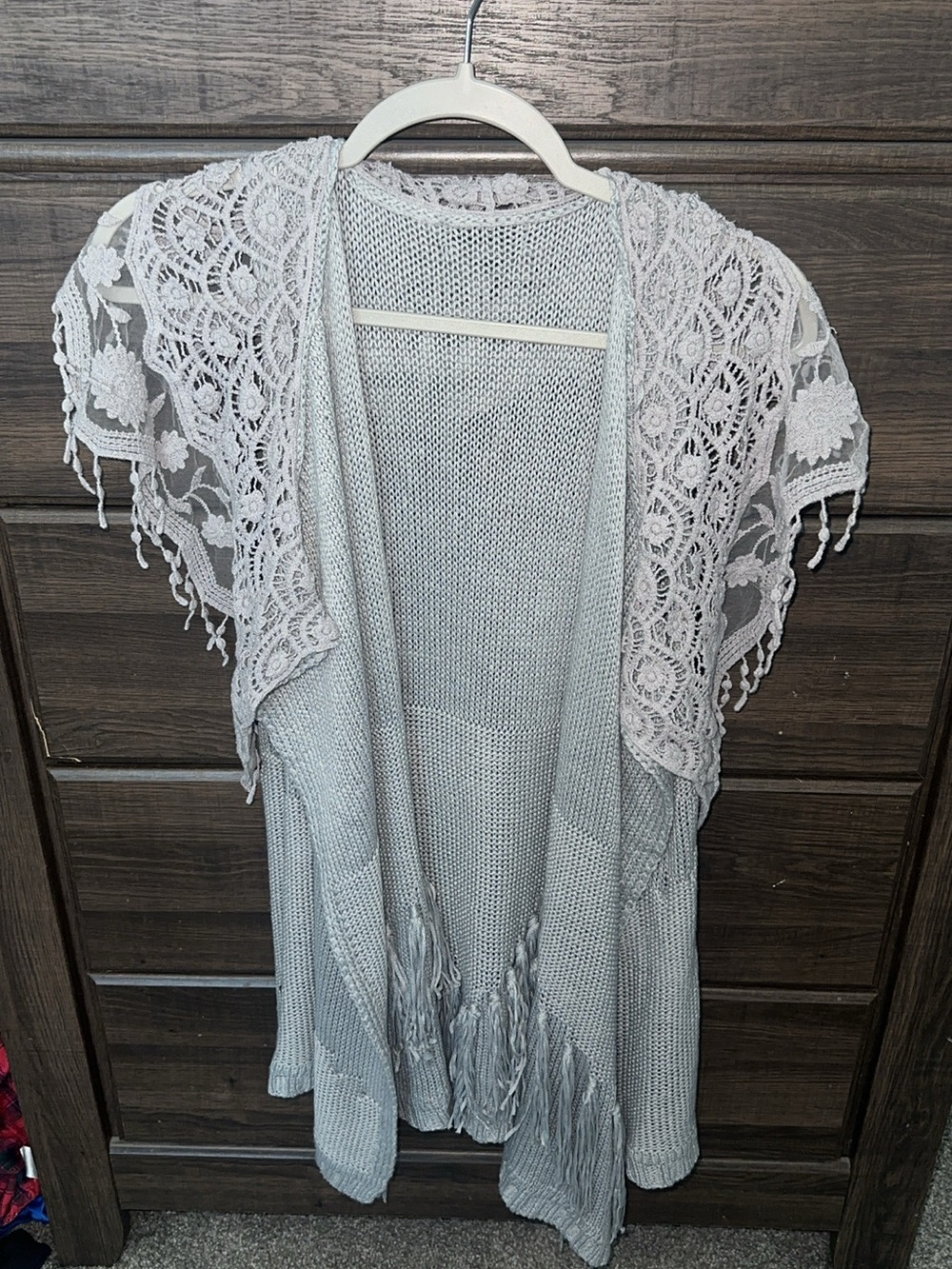 Double Zero Light Gray Crochet-Trim Knit Cardigan